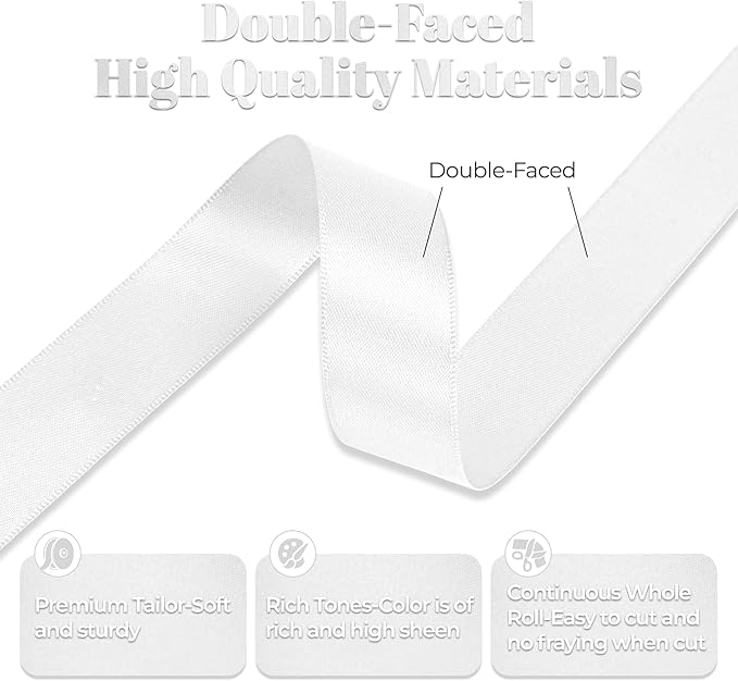 Double Faced White Satin Ribbon, 7/8 Inch X 50 Yards Polyester Ribbon for Gift Package Wrapping, Crafts, Bow Making, Sewing, Flower Bouquet, Wedding Party Decor