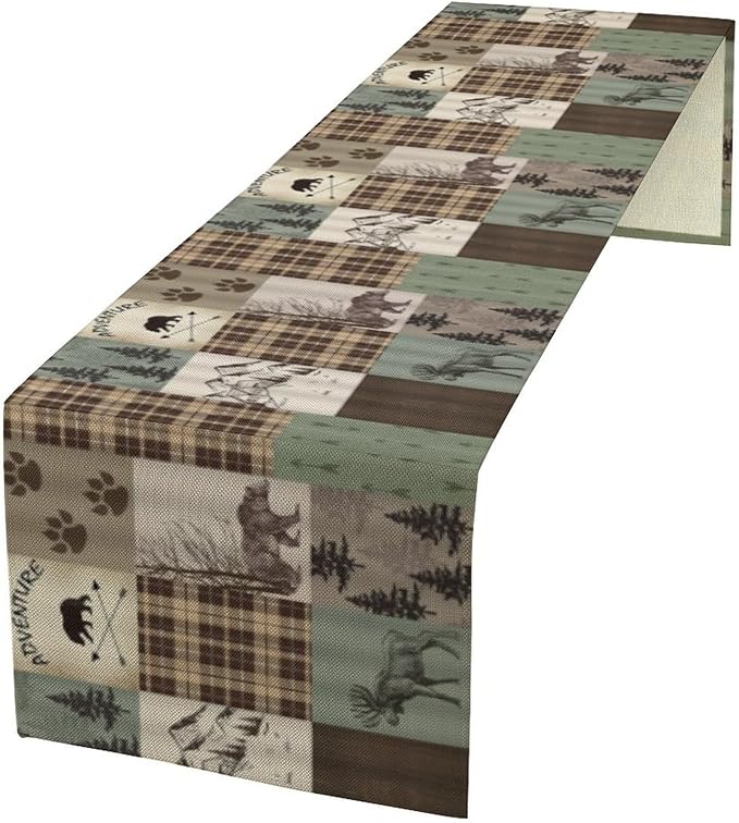 Rustic Moose Deer Bear Table Runner, Retro Vintage Bear Cottage Country Style Cabin Farmhouse Dinner Runner for Home Kitchen Dining Table Decoration 13"x120"
