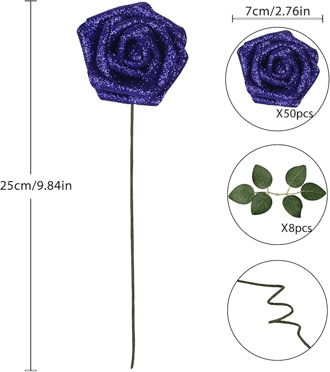 Artificial Roses,50PCS Royal Blue Roses Artificial Flowers 2.76" Sparkle Roses Glitter Flowers for Wedding Christmas DIY Wreath Home Table Floral Arrangement(Royal Blue)