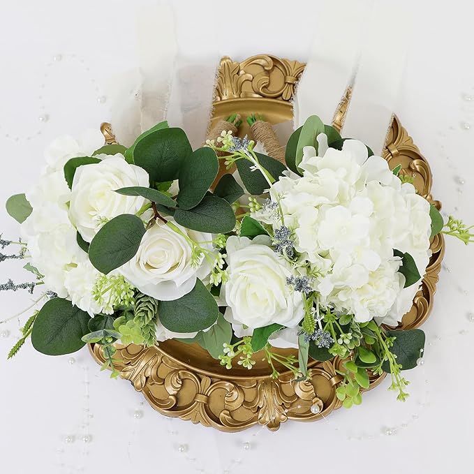 Set of 4 Bridesmaid Bouquets for Wedding - Silk Artificial Ivory Bridesmaid Flowers, Pre-Made Roses Sage Green Boho Bridal Floral for Bride Party Ceremony Anniversary Decoration - 9inch