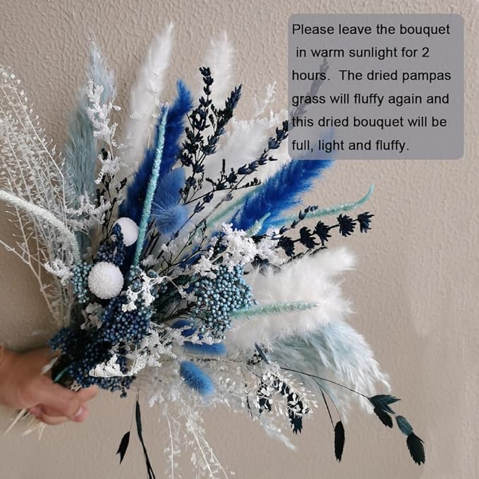 Natural Dried Pampas Grass Bouquet, 17" Blue Pampas Grass, Lavender Decor, Bohemian Style Family Wedding Country Farmhouse Decorated with Dried Flowers