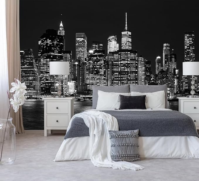 Black City Wallpaper Peel and Stick New York Night Scene Self Adhesive Wall Mural for Living Room Bedroom 137"x100"
