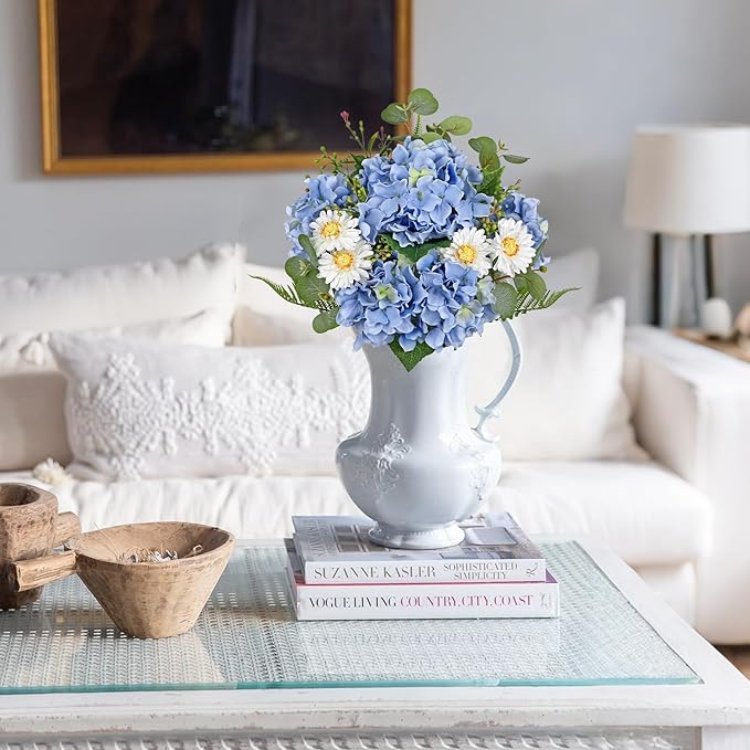Hydrangea artificial Flowers 12PCS Blue Fake Flowers Long Stems Faux Hydrangea Daisies Silk Arrangements Realistic Faux Flowers for Vase Floral Centerpiece Wedding Bridal Bouquet Party Home Decor