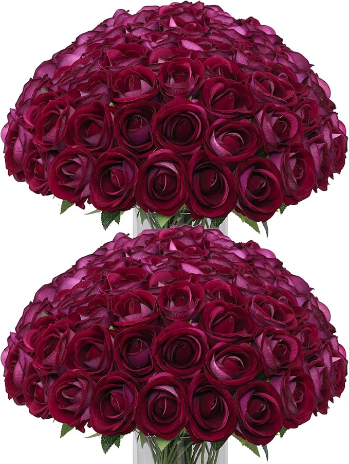 LFF 50Pcs Fake Purple Red Roses Artificial Flowers with Long Stems, Realistic Silk Faux Roses in Bulk, Wedding Bouquet, DIY Floral Arrangement for Home/Wedding/Proposal Ceremony Decoration(Purple Red)