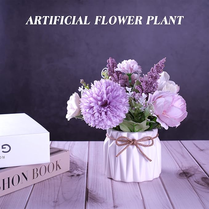 Artificial Potted Flowers, Small Ceramic Vase Fake Flower Plants Desktop Decoration Indoor for Home and Office, Faux Flowers Hydrangea Decora for Table,Bookshelf,Bedroom,Living Room,Party.(Purple)