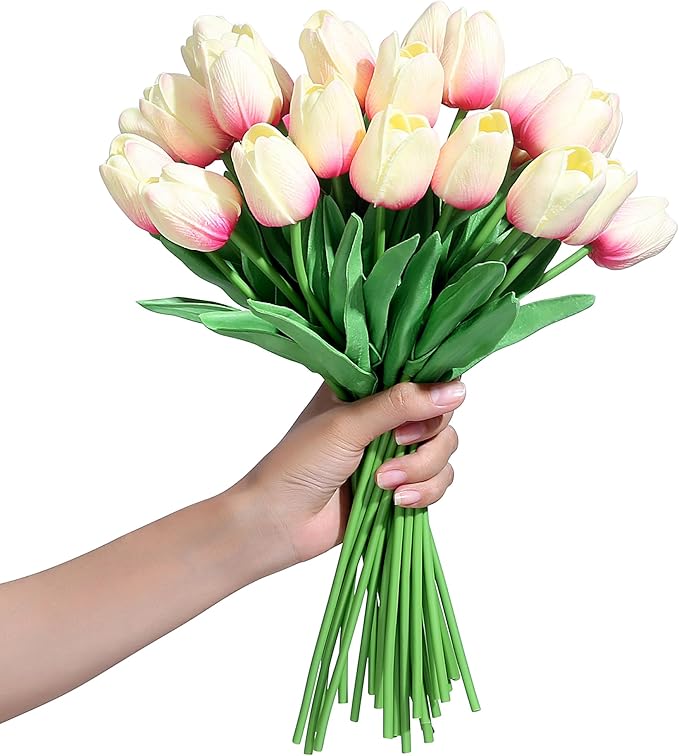 SITUMEIZI 15pcs Tulips Fake Pink Artificial Flowers Real Touch 14" Silk Flower for Home Decor Spring Easter Wedding Bouquet Decorations Gifts(Creamy Pink)