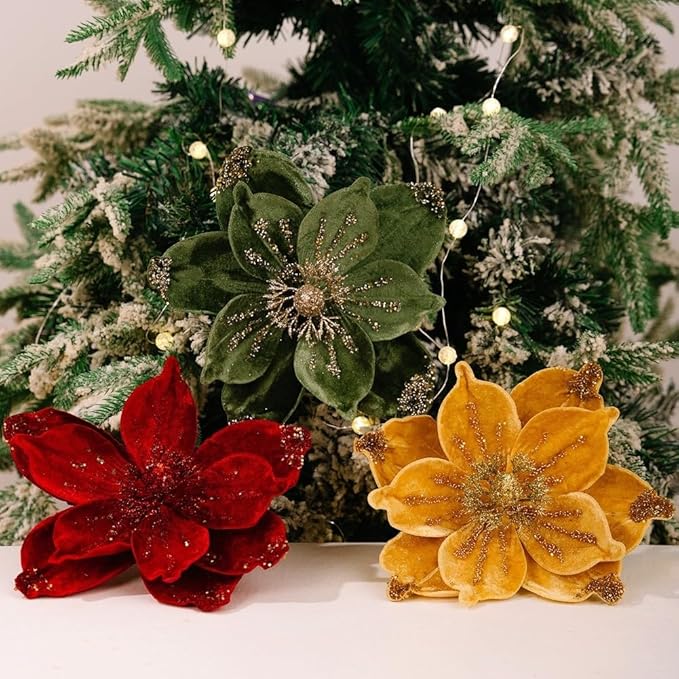 Set of 4 Gold Glitter Christmas Floral Decorations with Soft Flannelette, 15x26cm Artificial Flowers for Holiday Tree Ornaments, Wreaths, and Festive Tabletop Arrangements