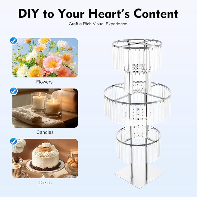 5 Tiers Wedding Centerpieces Vase, 43.3In Silver Acrylic Flower Vase with Hanging Crystals, Square Chandelier Pedestal Stand for Party Table Decoration Lawn Hotel