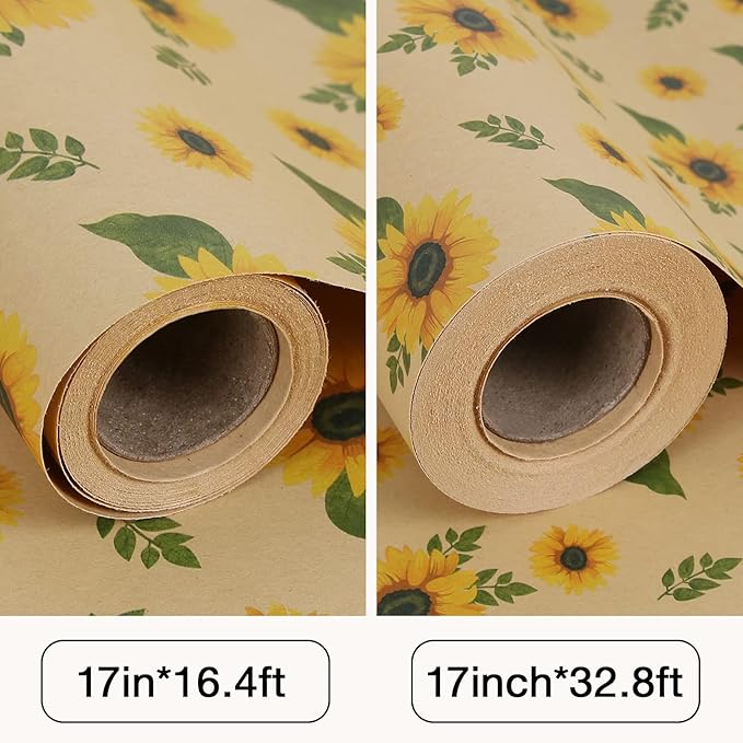 Aimyoo Sunflower Kraft Wrapping Paper Roll - Mini Roll - 17 in x 16.4 ft - All Occasion Floral Gift Wrap Paper for Wedding Bridal Shower Birthday