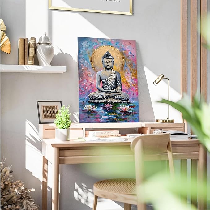 Lotus and golden Buddha meditation tranquil zen wall art mindfulness wall art for spiritual harmony and tranquility decor 24x36in Wood Framed