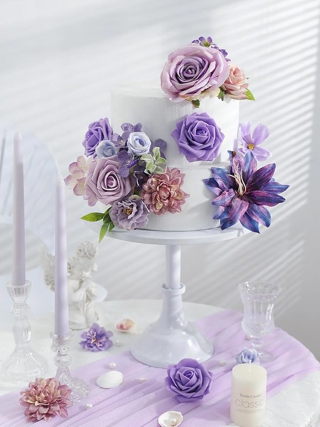 Artificial Flowers Combo Box Purple Flowers Silk Fake Roses with Stems for DIY Wedding Bridal Bouquets,Table Centerpieces,Cake Floral Arrangement,Baby Shower,Birthday Party Home Decorations