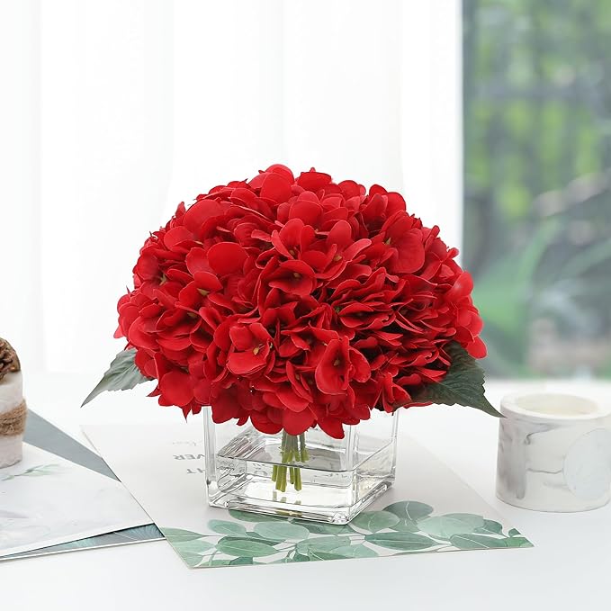 Faux Hydrangea Flowers in Vase, Silk Flowers in Vase with Fake Water for Home Decor Indoor (Red)