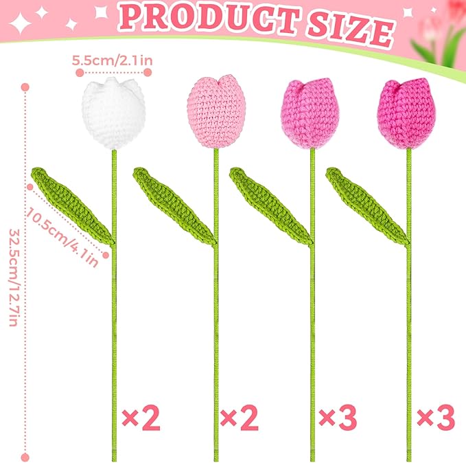10 Pcs Crochet Tulip Flowers Artificial Flowers Bouquet Finished Handmade Knitted Tulip Bouquets with Leave and Long Stem for Home Centerpieces Decor Valentine's Day Wedding Anniversary (Pink tulips)