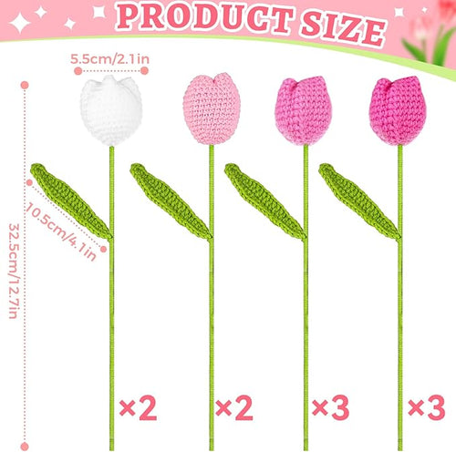 10 Pcs Crochet Tulip Flowers Artificial Flowers Bouquet Finished Handmade Knitted Tulip Bouquets with Leave and Long Stem for Home Centerpieces Decor Valentine's Day Wedding Anniversary (Pink tulips)