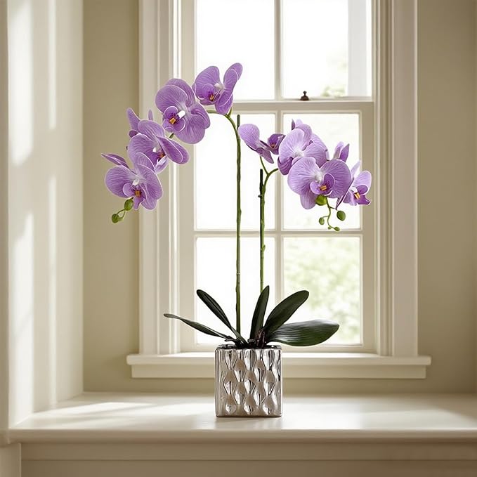 LISU Artificial Orchids, Silver Vases, Home Decoration Flower Arrangements,Purple Orchids Fake Flowers in Vases.