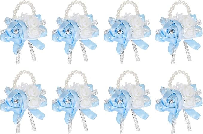 MECCANIXITY 8Pcs Wrist Corsage Artificial Flower Bracelets Rose Wrist Bride Groom Decorative for Wedding Ceremony Prom Party Anniversary Sky Blue