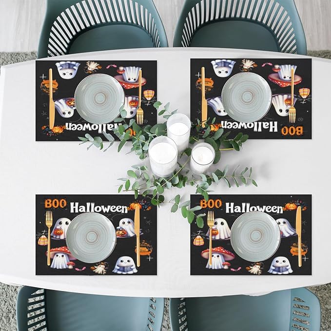 Halloween Ghosts Pumpkin Cute Placemats Set of 4 PVC Vinyl Non Slip Table Mats Heat Resistant Place Mats Washable Wipeable Dining Table Mat for Kitchen Decor Party Indoor Outdoor Decorative Gift