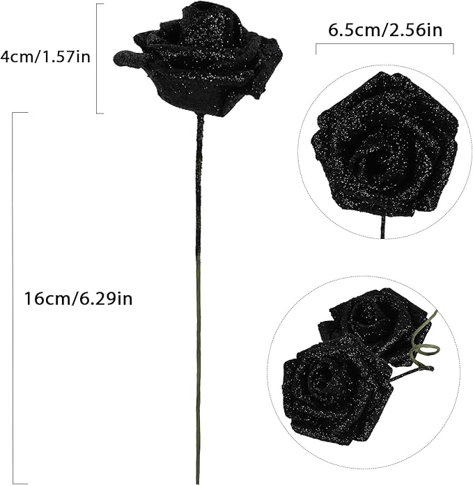 Black Glitter Rose 30pcs Roses Artificial Flowers with Glitter 2.56" Artificial Roses with Stems Fake Roses for Baby Shower Decorations Flower Centerpieces for Table (Black)