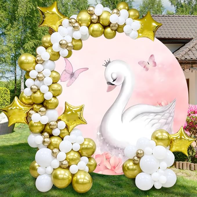 AOFOTO Swan Round Backdrop Pink Floral Butterfly Print Photography Background for Baby Shower Women Newborn Girls Birthday Party Banner Home Wall Decor Photo Studio Booth Props 3.3x3.3ft