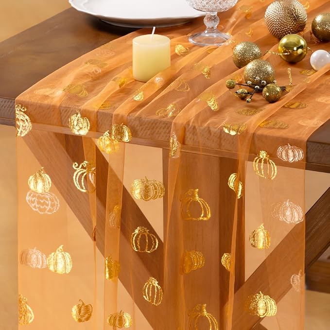 Socomi Gold Table Runner Fall Pumpkin Gauze Sheer Chiffon Cheesecloth Sequin 10FT Glitter Metallic Foil Dining Wedding Birthday Party Baby Shower Holiday Centerpiece Table Decor Orange