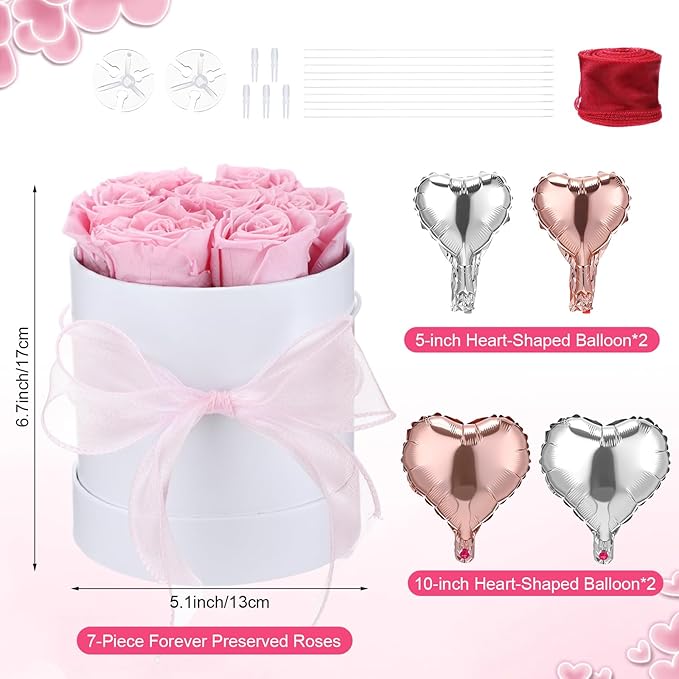 Pink Preserved Roses in Box 7 Preserved Forever Flower in a Round Box Last 1-3 Years with Heart Balloon Christmas Surprise Gift for Women Loved One Mom Valentines Anniversaries Need Assembly