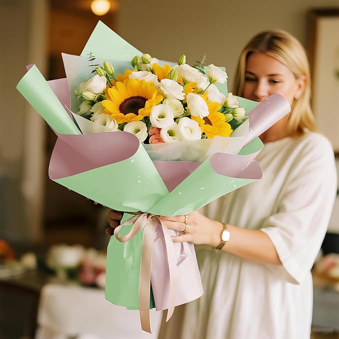 WRAPAHOLIC 20 Sheets Flower Wrapping Paper - 22.4 x 22.4 inch Mint Green Color Water-Resistant Floral Bouquet Wrapping Paper, Florist Supplies Packaging for Christmas Wedding Birthday Gift DIY