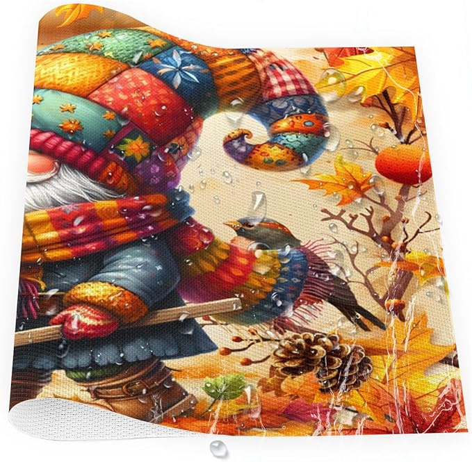 Autumn Gnome Pumpkin Flower Placemats Set of 6 PVC Vinyl Non Slip Table Mats Heat Resistant Place Mats Washable Wipeable Dining Table Mat for Kitchen Decor Party Indoor Outdoor Decorative Gift