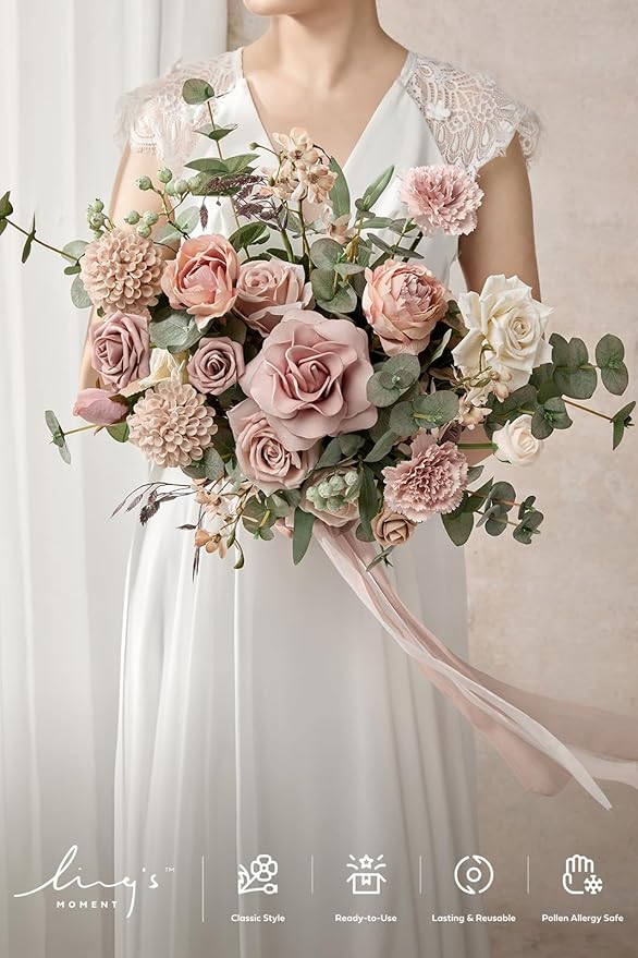Ling's moment Dusty Rose Wedding Bouquets for Bride, Pink Bridal Bouquets for Bride, 13 Inch Free Form Artificial Wedding Flower Bouquet