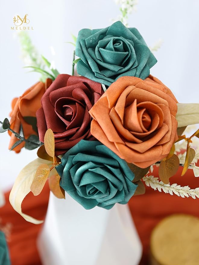 Meldel Artificial Flower 25pcs Real Touch Peacock Green Fake Foam Roses with Stems for DIY Wedding Bouquets Gifts Bridal Shower Faux Floral Centerpieces Arrangements Home Party Tables Decorations