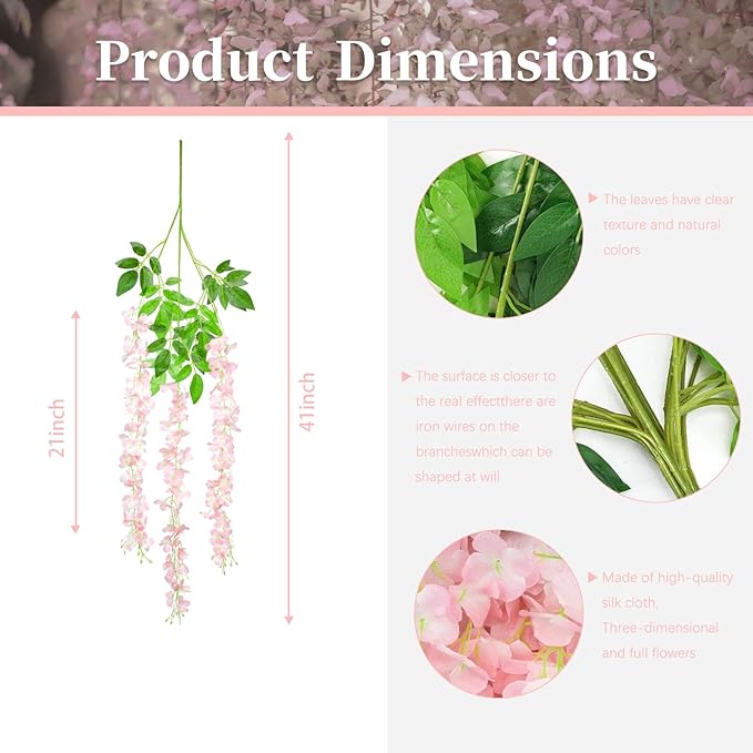24 Pack Light Pink Wisteria Hanging Flowers, 3.4 Ft Fake Hanging Flowers, Artificial Wisteria Garland Vines for Wedding Room Backdrop Outdoor Patio Garden Decoration