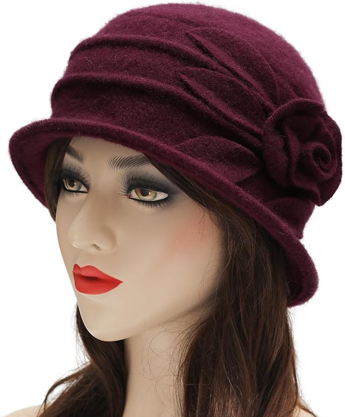 ZLYC Women Wool Cloche Bucket Hat 1920s Vintage Dress Winter Hats with Flower Accent
