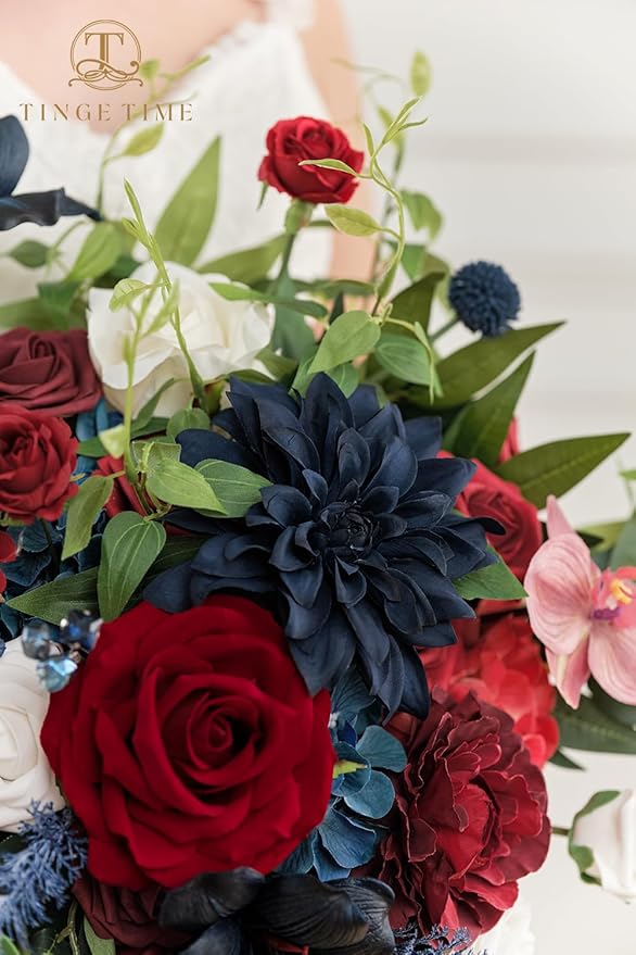 TINGE TIME 17 Inch Artificial Bridal Bouquet - Red and NavyBlue, Realistic Silk Wedding Bouquet, Durable Fake Flowers for Brides, Bridesmaids, Home Decor, and Events