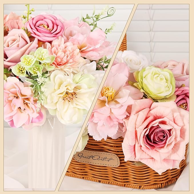 Artificial Flowers Combo Pink Roses with Stems Bouquets Box Set Bridal Wedding Shower Decorations Fake Floral for Party Table Centerpieces Home Decor