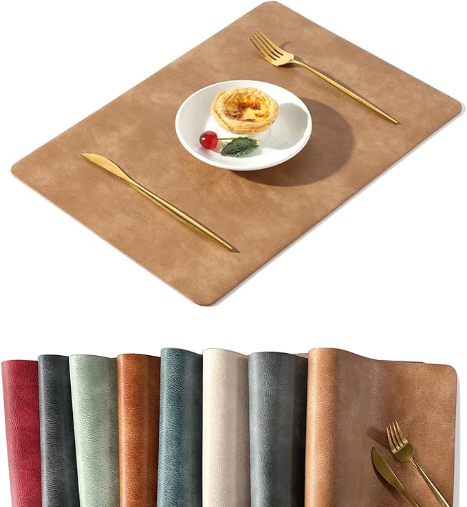 UnivoColors Washed Cowhide Pattern PU Leather Placemats Set of 4 Heat Resistant Kitchen Table Mats, Waterproof Wipeable for Party Decoration(Camel)