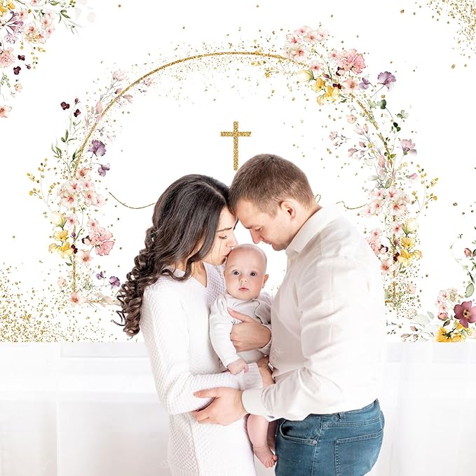 Baptism Backdrop God Bless Floral Golden Dots First Holy Communion Christening Photography Background Baptism Party Decoration Supplies Baby Shower Banner Photo Booth Studio Props 7x5ft