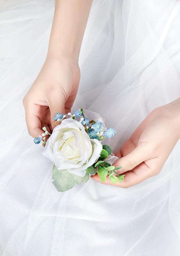 White& Blue Rose Wrist Corsages Wristlet Band Bracelet for Wedding Set of 6 Ivory Eucalyptus Wrist Flower Wristband Hand Flower for Bride, Bridesmaid, Mother of Bride, Prom Party