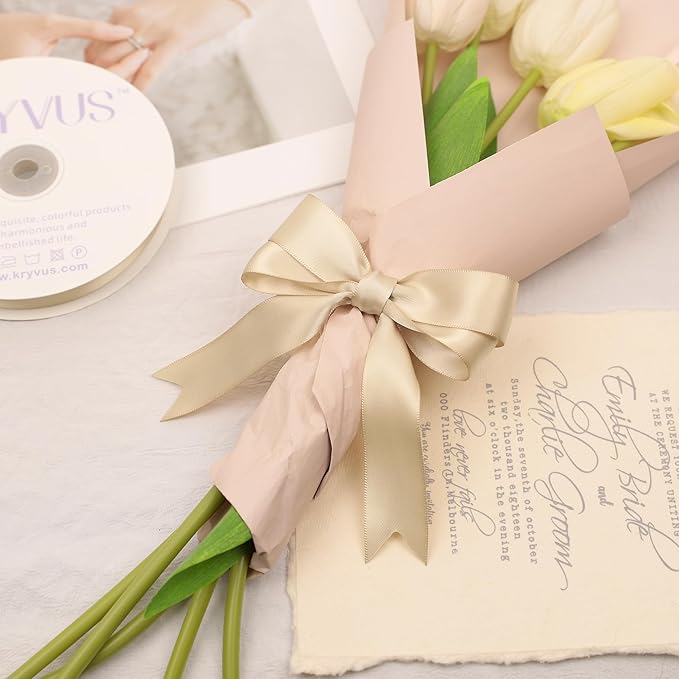 Beige Satin Ribbon, Double Faced 1 Inch X 50 Yards Beige Ribbon, Premium Satin Ribbon for Gift Wrapping, Crafts, Hair Bow Making, Sewing, Flower Bouquet, Wedding Party Decor