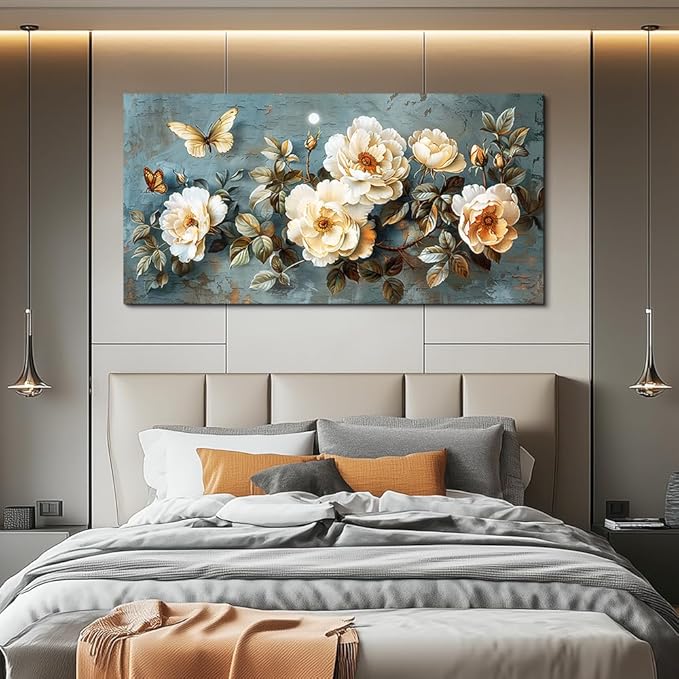 PHAOHUAXM Large Canvas Wall Decor Living Room For Wall Art For Bedroom Office Home Decor Abstract White Flower Wall Painting Printing Pictures Artwork Modern Restaurant Decoration Aesthetic 30"x60"