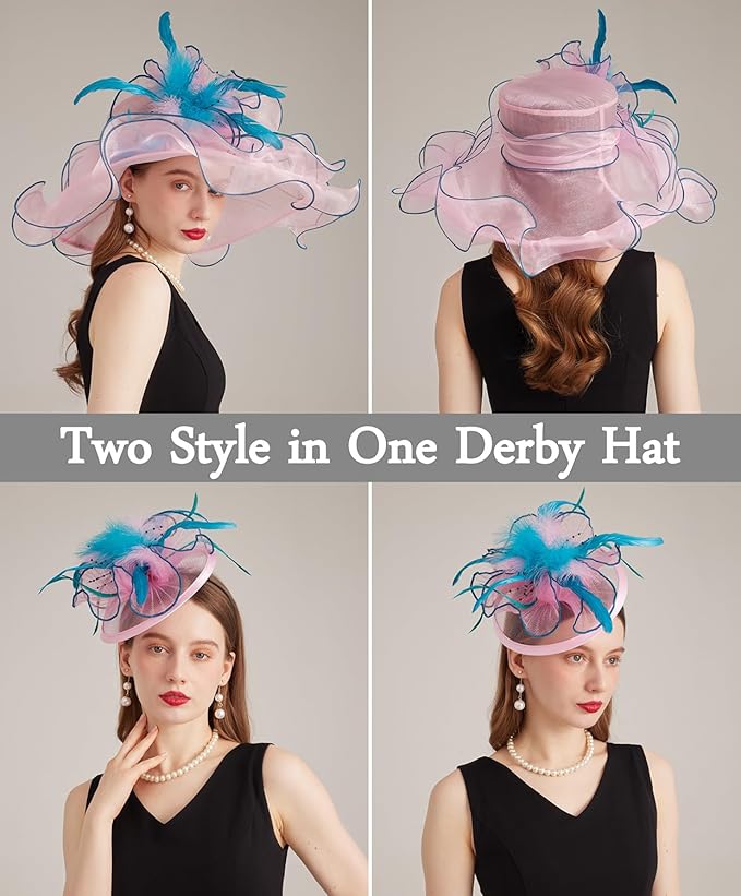 Organza Derby Hats for Women Wide Brim Fascinator Hat Rose Flower Wedding Tea Party Hat