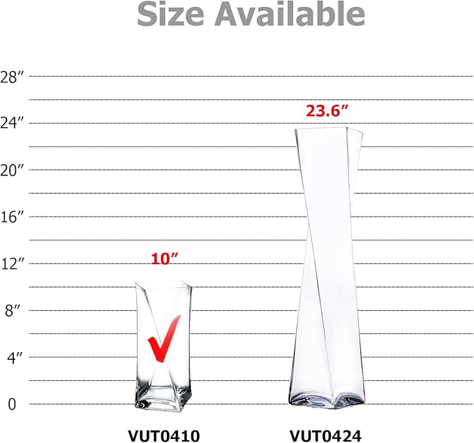 WGV Twist Bouquet Vase Bulk, 4" W, 10" H, Clear Square Block Gathering Hurricane Glass Floral Container, Centerpiece, Home Wedding Event Decor, 12 Pieces(VUT0410)