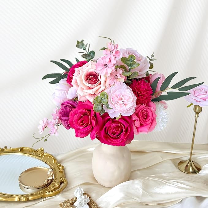 Fuschia Silk Artificial Flowers Combo Box Set Hot Pink Roses Flowers Dahlia DIY Bridal Wedding Bouquets Cake Fake Floral with Stems Arrangements Baby Shower Party Table Centerpieces Home Decor