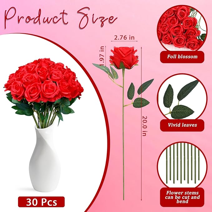 30pcs Fake Roses Artificial Silk Flowers Long Stems Bouquet for Wedding Bridal Shower Party Home Decoration (Red)