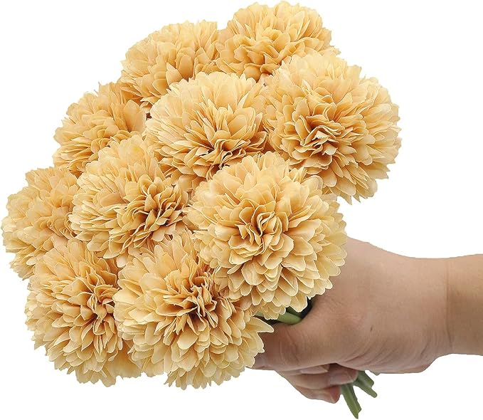 10Pcs Artificial Fake Flower Plants Silk Chrysanthemum Ball Hydrangea Arrangements Wedding Bouquets Decor Home Kitchen Garden Party Table Floral Centerpieces DIY (Beige)