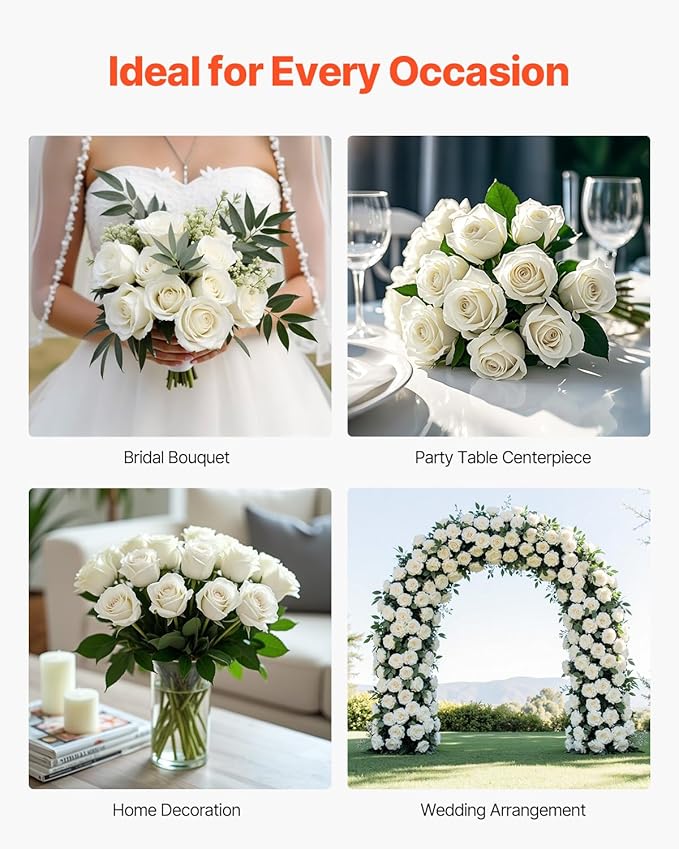 VEVOR Artificial Flowers, 60 pcs Real Looking White Foam Fake Roses Bulk, White Faux Bridal Shower with Stems for DIY Wedding Bouquets, Home Centerpieces Arrangements, Party Tables Decorations