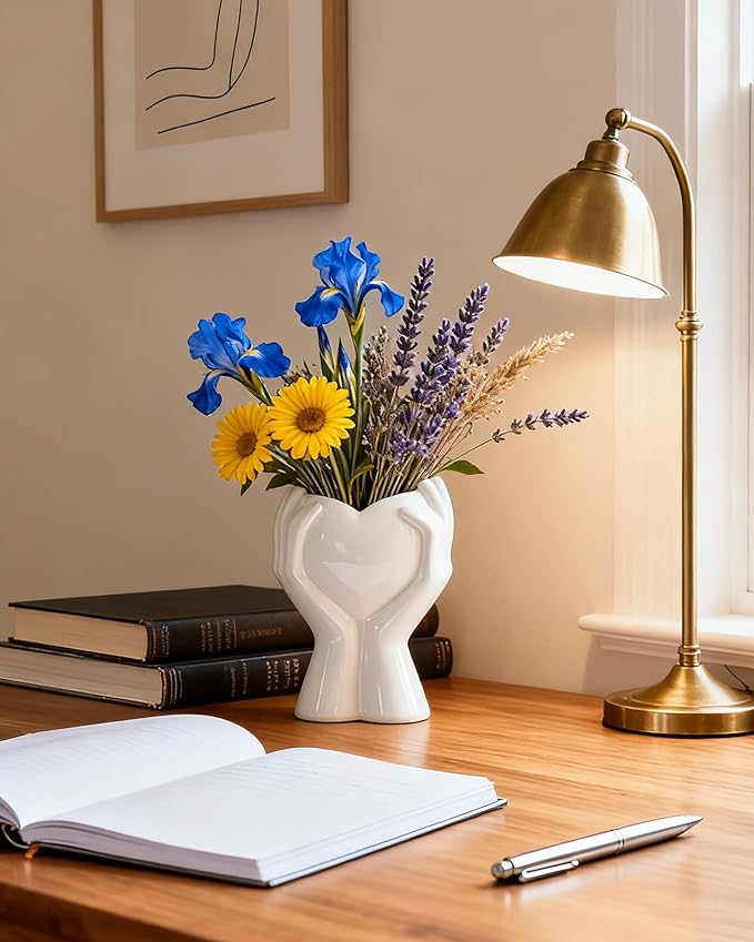 A Heart Held in Two Hands White Vases for Flowers - Cute Modern Small Ceramic Flower Vase for Pampas Grass - Decorative Table Vase for Coffee or Dining Table Centerpiece, Shelf - Gift for Mom (White)