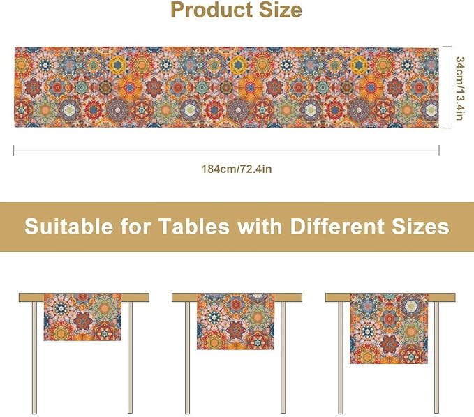 Boho Table Runner, Orange Geometric Mandala Flower Fall Farmhouse Decor Table Runner for Kitchen Dining Party Home Decoration, 13x90 Inch