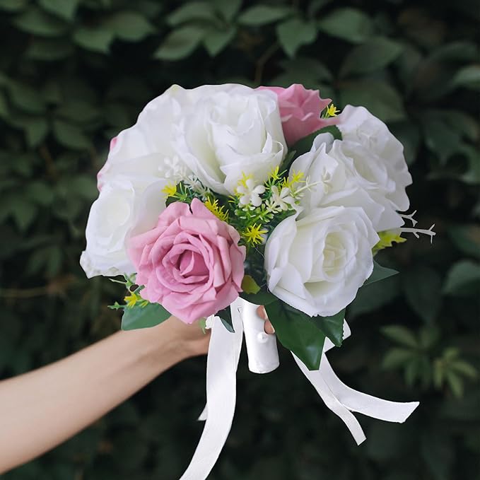Wedding Bouquets for Bride - Realistic Silk Flowers Artificial Roses, 8 Inch Bridesmaid Bouquet for Ceremony, Church, Anniversary, and Home Decoration (White & Pink)