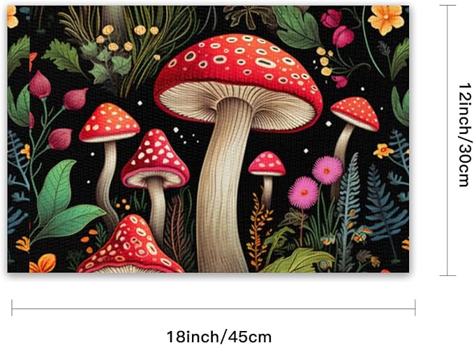 Placemats Set of 4 Waterproof Oilproof Table Mats Mushroom Pattern Washable Wipeable Heat Resistant Easy to Clean for Indoor Outdoor Party Kitchen Dining Table Decoration 12 * 18in