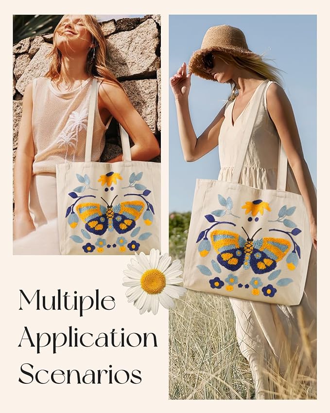 Aesthetic Embroidery Tote Bag for Women - Reusable Canvas Cute Shoulder Bag for Shopping, Grocery, Work, Book
