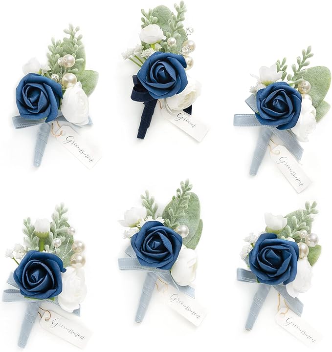 Ling's moment Boutonniere for Men, 6pcs Groom Groomsmen Boutonniere, Artificial Flowers for Wedding Decor/Prom/Homecoming, etc.Navy Blue Dark Blue